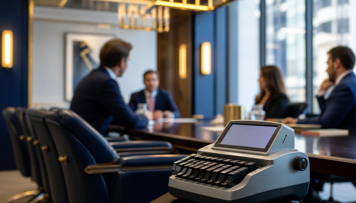 Modern conference room mid-deposition: a court reporter's stenotype machine in sharp focus in the foreground, attorneys seated at a long table in the background, city light through large windows